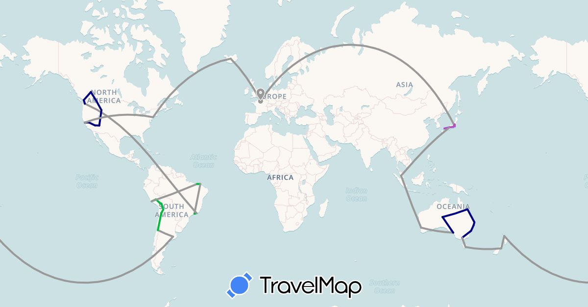 TravelMap itinerary: driving, bus, plane, train in Argentina, Australia, Bolivia, Brazil, Canada, Chile, France, Iceland, Japan, Malaysia, New Zealand, Peru, United States (Asia, Europe, North America, Oceania, South America)